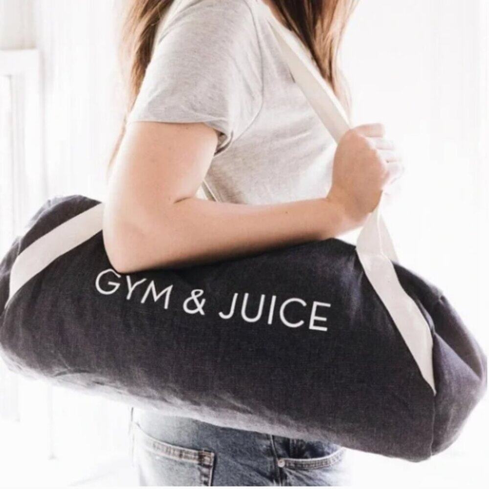 NEW Private Party Gym & Juice Gym Bag Duffle Tote Denim Chambray Navy Blue Cream